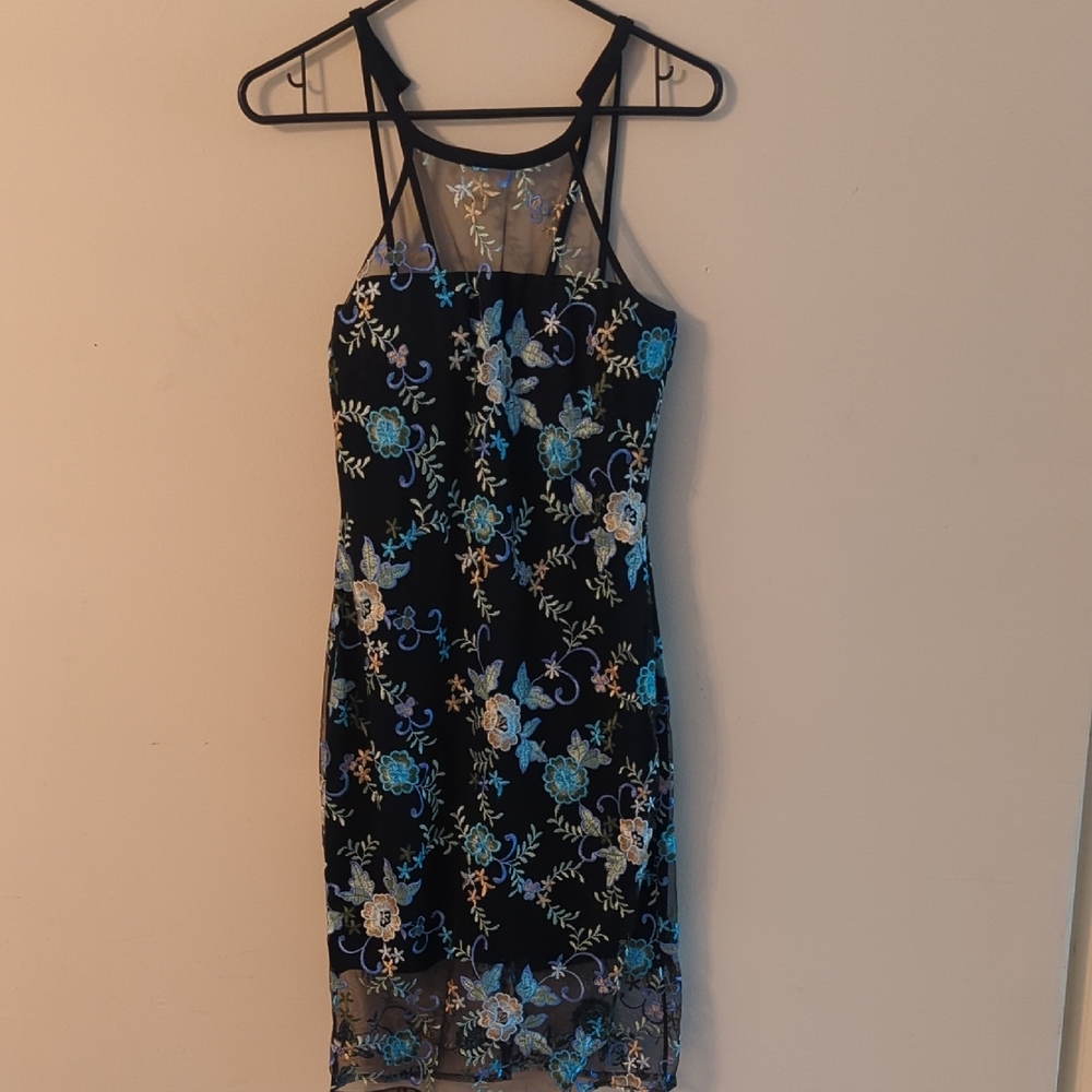 Guess Black Dress with Blue Floral Embroidery